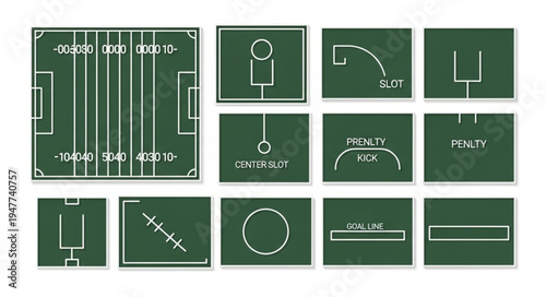 American Football Field and Related Elements Vector Illustration.
