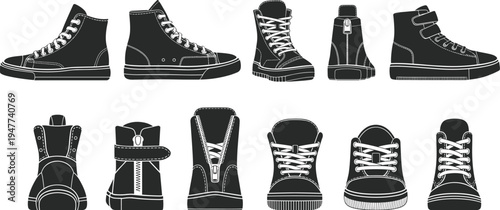 Sneakers and casual shoes vector set, fashion footwear collection isolated for street style clothing and sports design