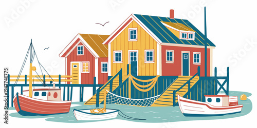 A colorful fishing village with boats and buildings Vector