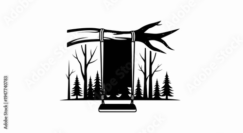 Silhouette of a swing hanging from a tree branch in a forest