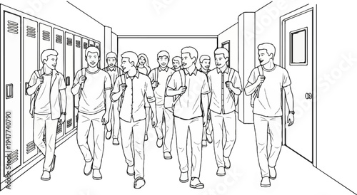 Students walking down a school hallway past lockers and doors