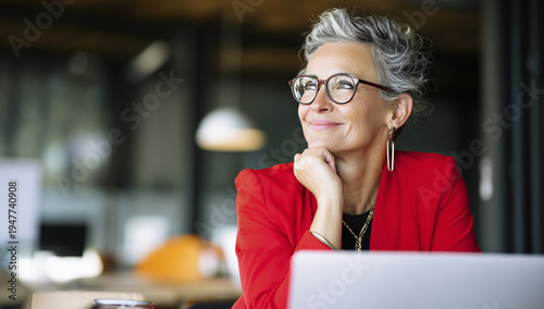 portrait of a happy business woman sitting at a desk with a laptop, wearing a red suit and glasses in an office.