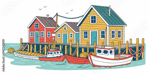 A colorful dock with houses and boats Vector