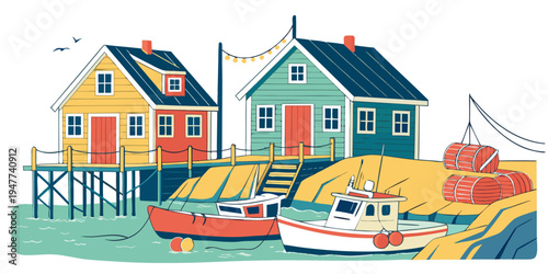A colorful illustration of a coastal village with boats and houses Vector
