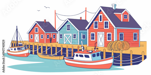 A colorful illustration of a dock with houses and boats Vector