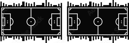 Soccer football field top view vector illustration, stadium pitch layout with city skyline silhouette for sport design