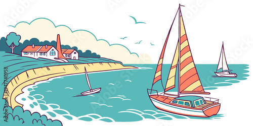 A sailboat on the water near a sandy shore Vector