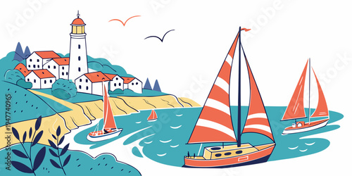 Sailboats on the water near a lighthouse Vector