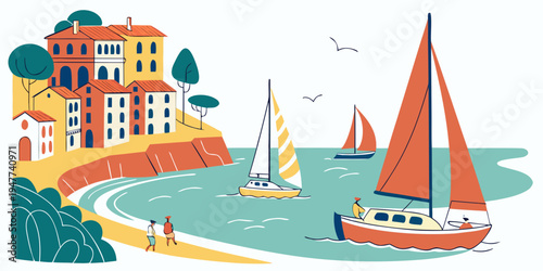 A colorful illustration of a sailboat on a body of water near buildings Vector