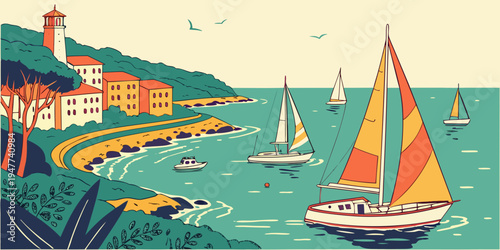 A sailboat on the water near a lighthouse and buildings Vector