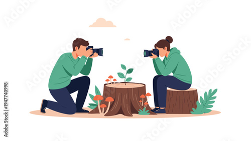 Male and female photographers kneel beside a tree stump to take pictures of a small green sprout and several colorful mushrooms.