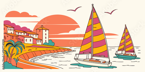 Sailboats on a body of water near a coastal town Vector