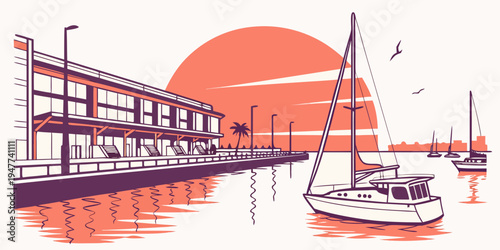 A dock with boats and a building by the water Vector