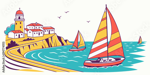 A colorful sailboat on the water near a lighthouse Vector