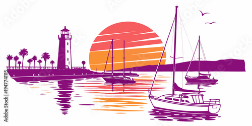 A serene harbor scene with sailboats at sunset Vector
