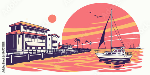 A sailboat floats on the water near a pier at sunset Vector