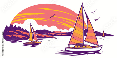 Sailboats on the water with a beautiful sunset Vector