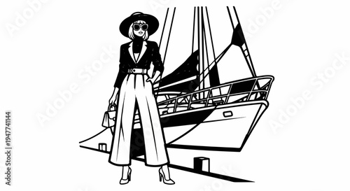Stylish woman in wide-leg pants and hat stands on a dock next to a sailboat