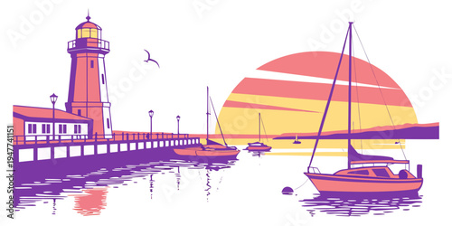 A lighthouse and a sailboat by the sea at sunset Vector