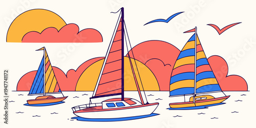 Sailboats on the water with sun and clouds Vector