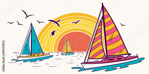Sailboats on the water with a sunset Vector