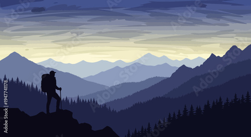 Lone Hiker Standing on Mountain Peak at Sunrise with Backpack