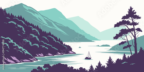 A serene landscape with a sailboat on a body of water Vector