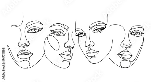 Minimalist Art Faces Collage, Continuous Single Drawing Style