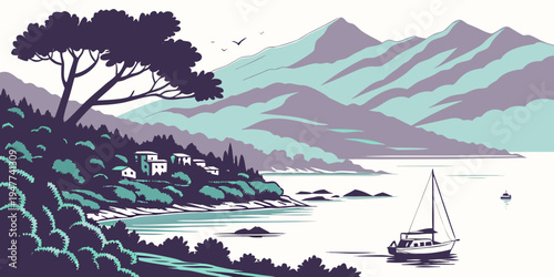 Sailboat on a serene lake with mountains Vector