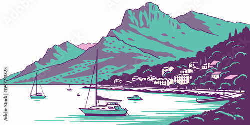 Sailboat on a serene lake with a mountain range Vector