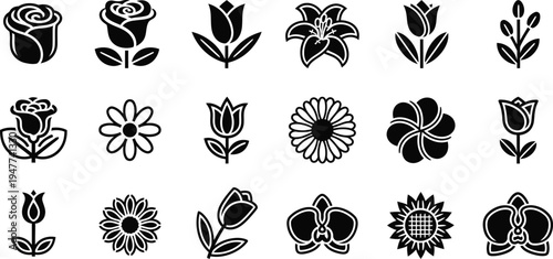 Black and white floral flowers symbols 3 rose