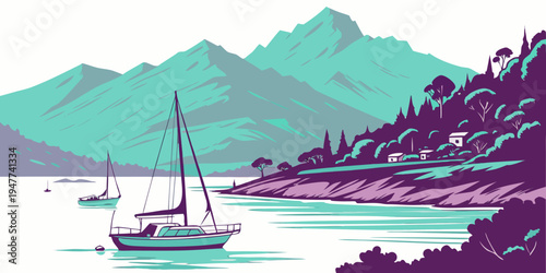 A sailboat floats on a serene lake Vector