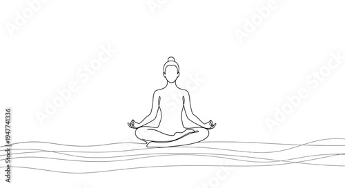 Minimalist Single Drawing of Person Meditating in Lotus Pose with Wavy Lines