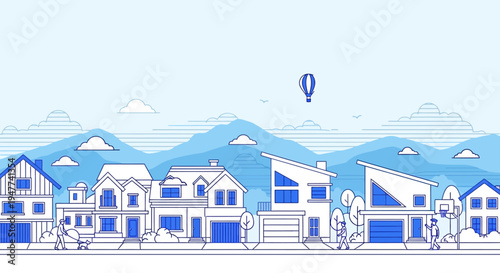 Modern Suburban Neighborhood with Houses, Mountains, and Hot Air Balloon