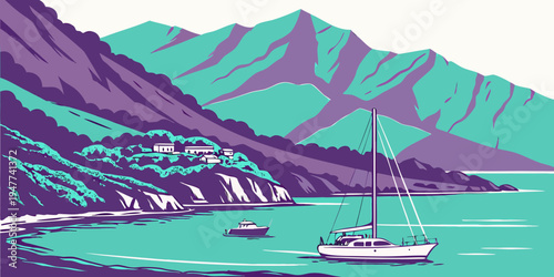 A sailboat on a body of water with mountains in the background Vector