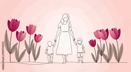Mother walking with children holding hands amidst tulips in minimalist single art style