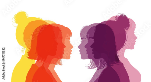 Multiple Silhouettes of Women's Faces in Gradient Colors Facing Each Other