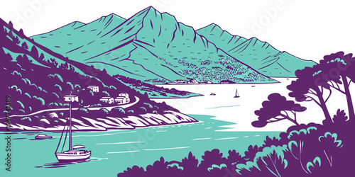 A purple and teal landscape with a sailboat on a body of water Vector