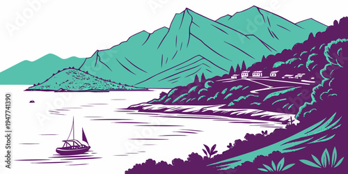 A scenic view of a boat on a lake with mountains Vector