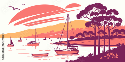 A serene lake scene with boats and trees at sunset Vector