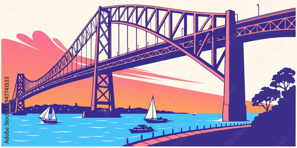 Obraz premium A large steel bridge over a body of water Vector