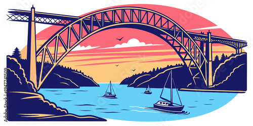 A bridge over a river with boats at sunset Vector