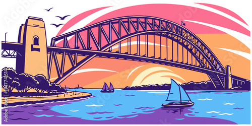 Sydney harbour bridge at sunset with sailboat Vector
