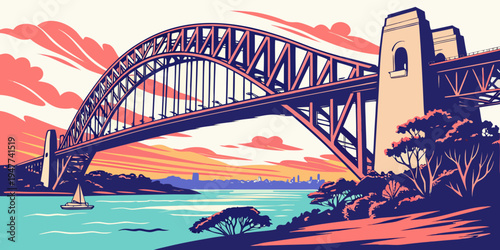 A large steel bridge over a body of water at sunset Vector