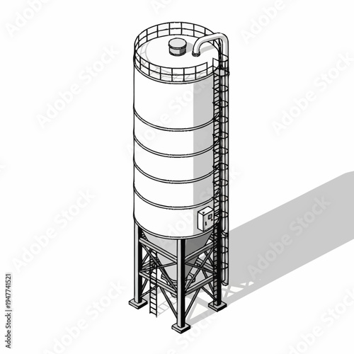 Isometric illustration of a tall, cylindrical industrial silo supported by a metal framework, featuring a ladder and piping.