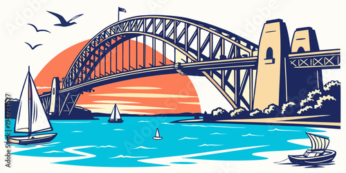 Sydney harbour bridge at sunset with sailboats Vector