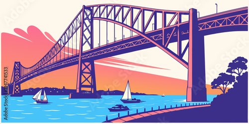 A large steel bridge over a body of water Vector