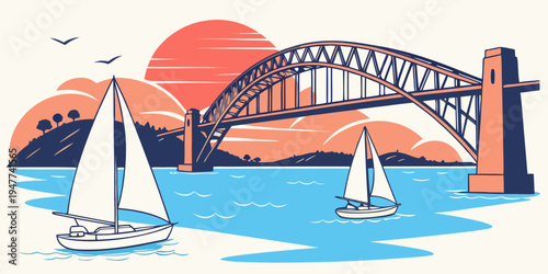 Sailboats on water near a bridge at sunset Vector