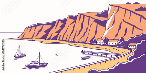 A scenic cliffside by the ocean with boats Vector
