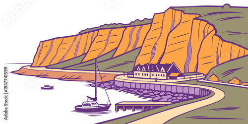 A scenic cliffside town by the sea Vector